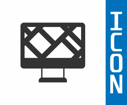 Grey Computer monitor and folded map with location marker icon isolated on white background. Vector
