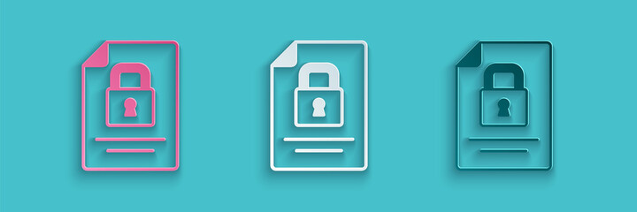 Poster - Paper cut Document and lock icon isolated on blue background. File format and padlock. Security, safety, protection concept. Paper art style. Vector