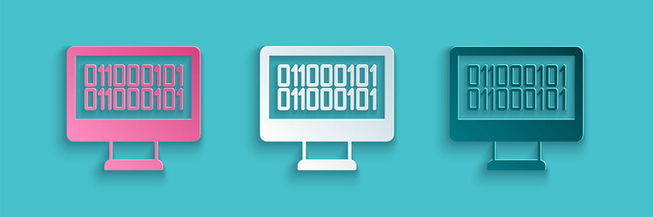 Poster - Paper cut Binary code icon isolated on blue background. Paper art style. Vector