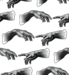 Vector seamless pattern of hands reaching in black and white dot halftone pop art style on a white background.