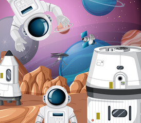 Wall Mural - Landscape of planet surface with colony buildings