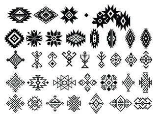 Set of ethnic motif. Collection of geometric ethnic elements. Ethnic ornaments. Aztec signs. Vector illustration in boho style on a white background.