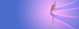 Graceful ballet dancer, flexible girl dancing isolated on lilac color background in pink neon light with luminescent lines, shapes.