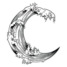 Crescent Moon With Waves. Illustration Of The Moon With A Ocean Wave. Beautiful Nature For Printing On Shirt. Water Logo. Tattoo.