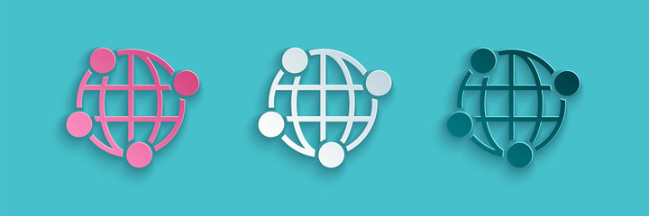 Poster - Paper cut Global technology or social network icon isolated on blue background. Paper art style. Vector