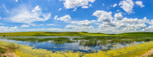 Lake And Green Fields Panorama, Blue Sky And Fluffy Clouds - Wallpaper