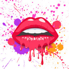 Red Female Lips. Lipstick Drips. Lips In Splash Of Paint.