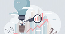Business Forecasting With Startup Idea Future Profit Results Prediction Tiny Person Concept. Performance Strategy And Calculation For Company Growth Plan Vector Illustration. Aim For Income Success.
