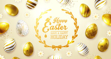 Holiday Easter Background With Golden Easter Eggs. Top View. Greeting Card Or Poster. Vector Illustration