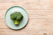 Broccoli Of Fresh Green Broccoli In Bowl Over Coloredbackground. , Close Up. Fresh Vegetable