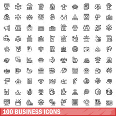 Poster - 100 business icons set, outline style