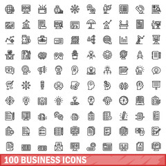 Poster - 100 business icons set, outline style