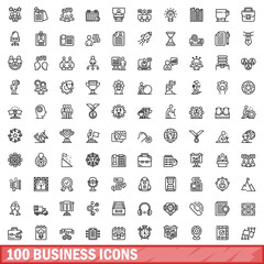 Poster - 100 business icons set, outline style