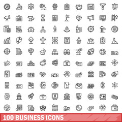 Poster - 100 business icons set, outline style