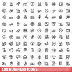 Poster - 100 business icons set, outline style
