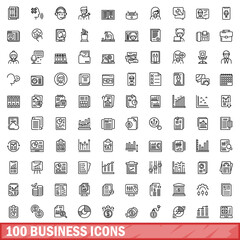 Poster - 100 business icons set, outline style