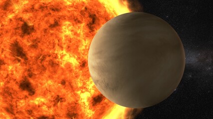 Venus planet around the sun realistic 3d illustration. 8k resolution space wallpaper