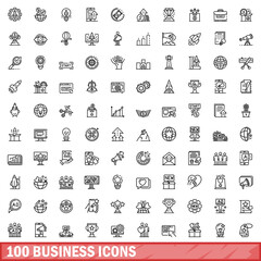 Poster - 100 business icons set, outline style