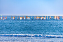 小さな波のある海で、集団で練習するウインドサーフィン