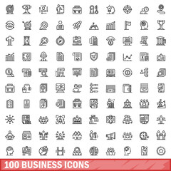 Poster - 100 business icons set, outline style