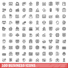 Poster - 100 business icons set, outline style