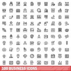 Poster - 100 business icons set, outline style