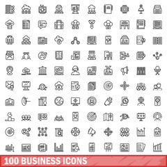 Poster - 100 business icons set, outline style