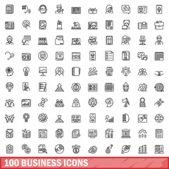 Poster - 100 business icons set, outline style