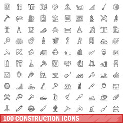 Poster - 100 construction icons set, outline style
