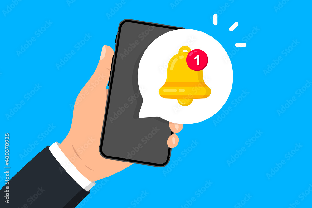 Drawing Getting Notification Hand holds phone with notification. Alert message on smartphone screen ...