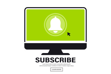Leinwandbilder - Laptop computer screen showing subscribe button. Subscribe button to channel or blog with cursor. Social media concept, blogging, promotion, streaming video. Play button. Vector illustration
