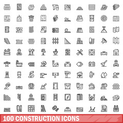 Poster - 100 construction icons set, outline style