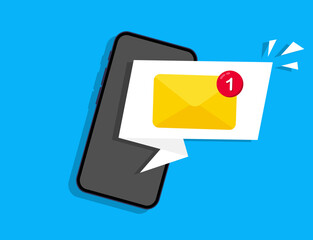 Fototapete - Email notification. New email notification on the smartphone screen. New message on the phone. Mail application, envelope with new message. Unread email notification. Vector illustration