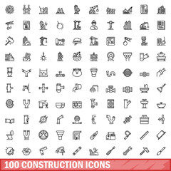 Poster - 100 construction icons set, outline style