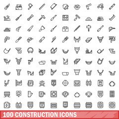 Poster - 100 construction icons set, outline style