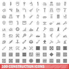 Poster - 100 construction icons set, outline style