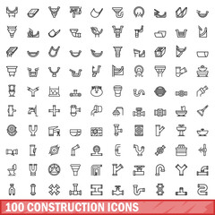 Poster - 100 construction icons set, outline style