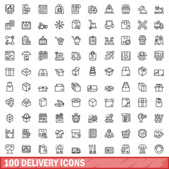 Poster - 100 delivery icons set, outline style