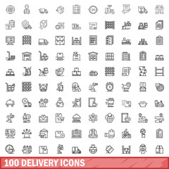 Poster - 100 delivery icons set, outline style