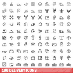 Poster - 100 delivery icons set, outline style