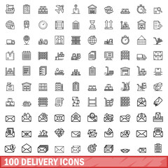 Poster - 100 delivery icons set, outline style