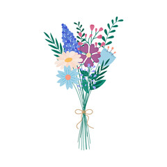  Flowers bouquet isolated. Bunch of different fresh meadow flowers and leaves plants. Vector flat illustration