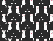 Cute Cats In Love Pattern On Black Background. Valentines Day. Wallpaper. Romantic Pattern.