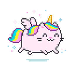 Poster - Pixel Art cartoon Caticorn with wings flying on white background. Cute running unicorn kitten with rainbow hair and tail. Kawaii style vector illustration
