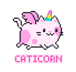 Poster - Pixel Art pink Caticorn with wings flying isolated on white background. Kitten Unicorn vector illustration. Cute running Unicorn Cat