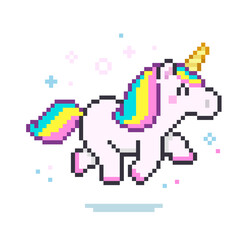 Poster - Pixel art running Pink Unicorn on white background cartoon style isolated vector. Cute cartoon Unicorn icon in retro 8-bit game style