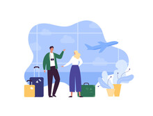 Tourism And Airplane Travel Concept. Vector Flat People Illustration. Couple Of Man With Photo Camera And Blond Woman With Baggage On Airport Window With Plane Background.