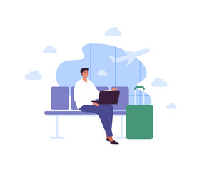 Business travel concept. Vector flat people illustration. Young adult businessman with laptop sitting in departure lounge on airport terminal window with air plane background.