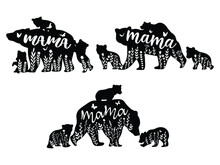 Set Of Mama Bear And Baby Bears. Collection Of Silhouette Mother Bear With Cute Flower. Vector Illustration For Animal For Mother Day. Zoo Design. Tattoos.