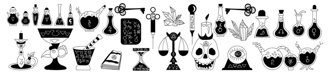 Set of icons of magic  tubes with alchemical signs, a magic ball, scales and other mystical objects are isolated on a white background. Horizontal vector illustration things for practicing alchemy.